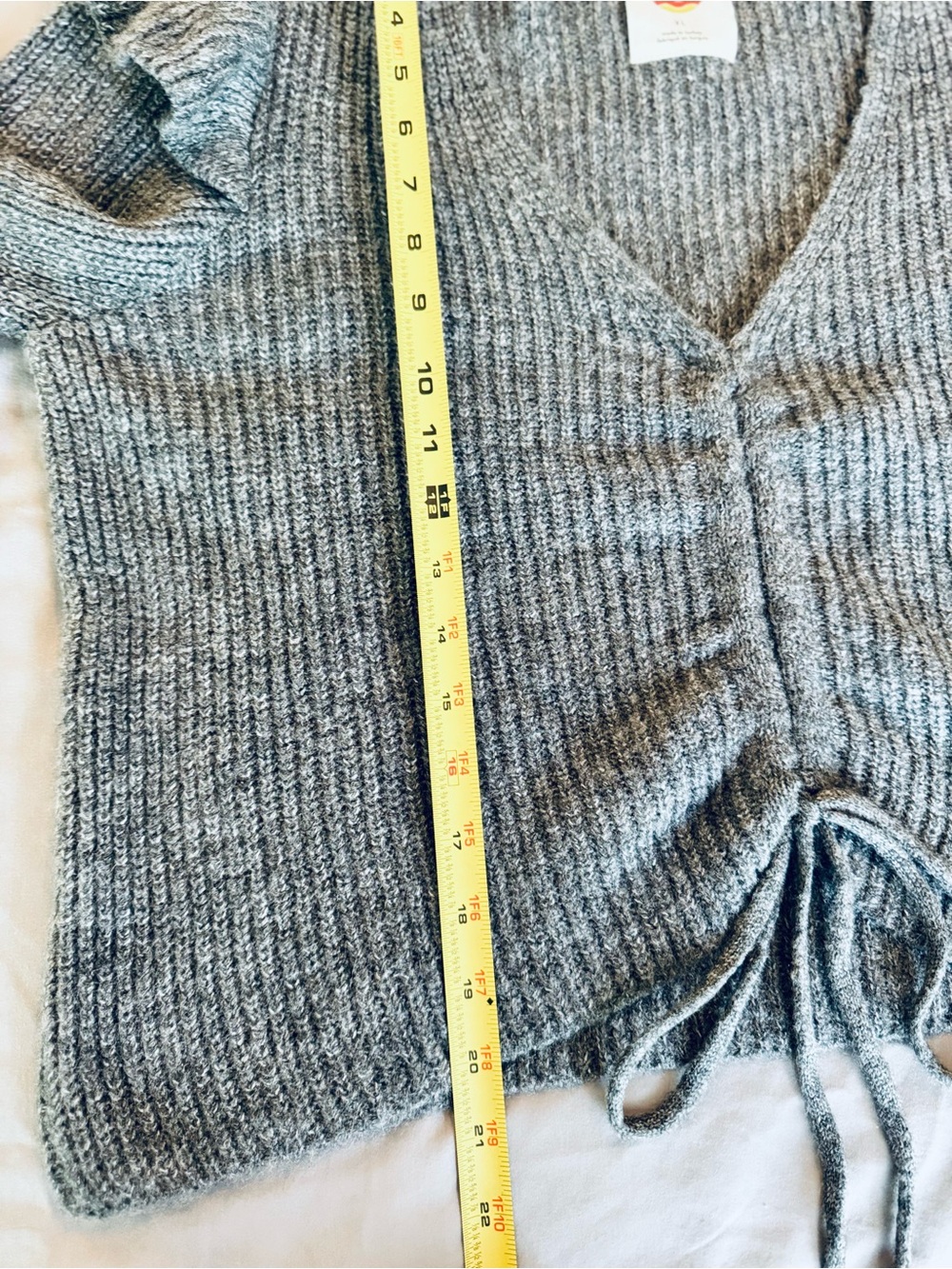 DAILY PRACTICE Grey Ruched V-Neck Puff-Sleeve Sweater w Center Tie - Picture 16 of 16